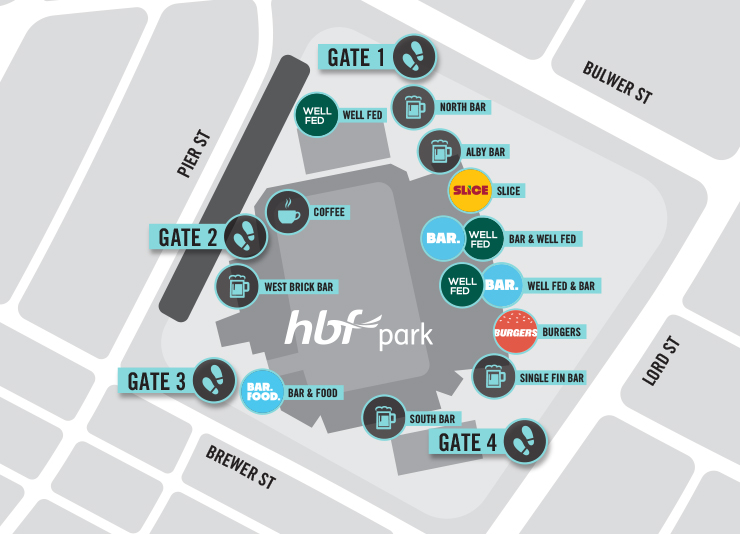 A map showing the layout of the food and beverage facilities at HBF Park