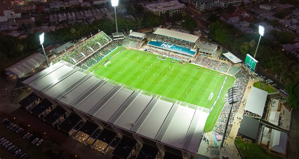 An aerial photo of the HBF Park complex
